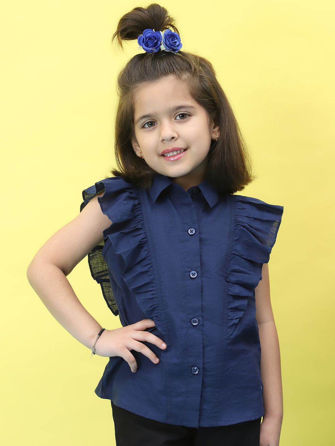 

Baawri Girls Shirt Collar Sleeveless Cotton Top, Blue