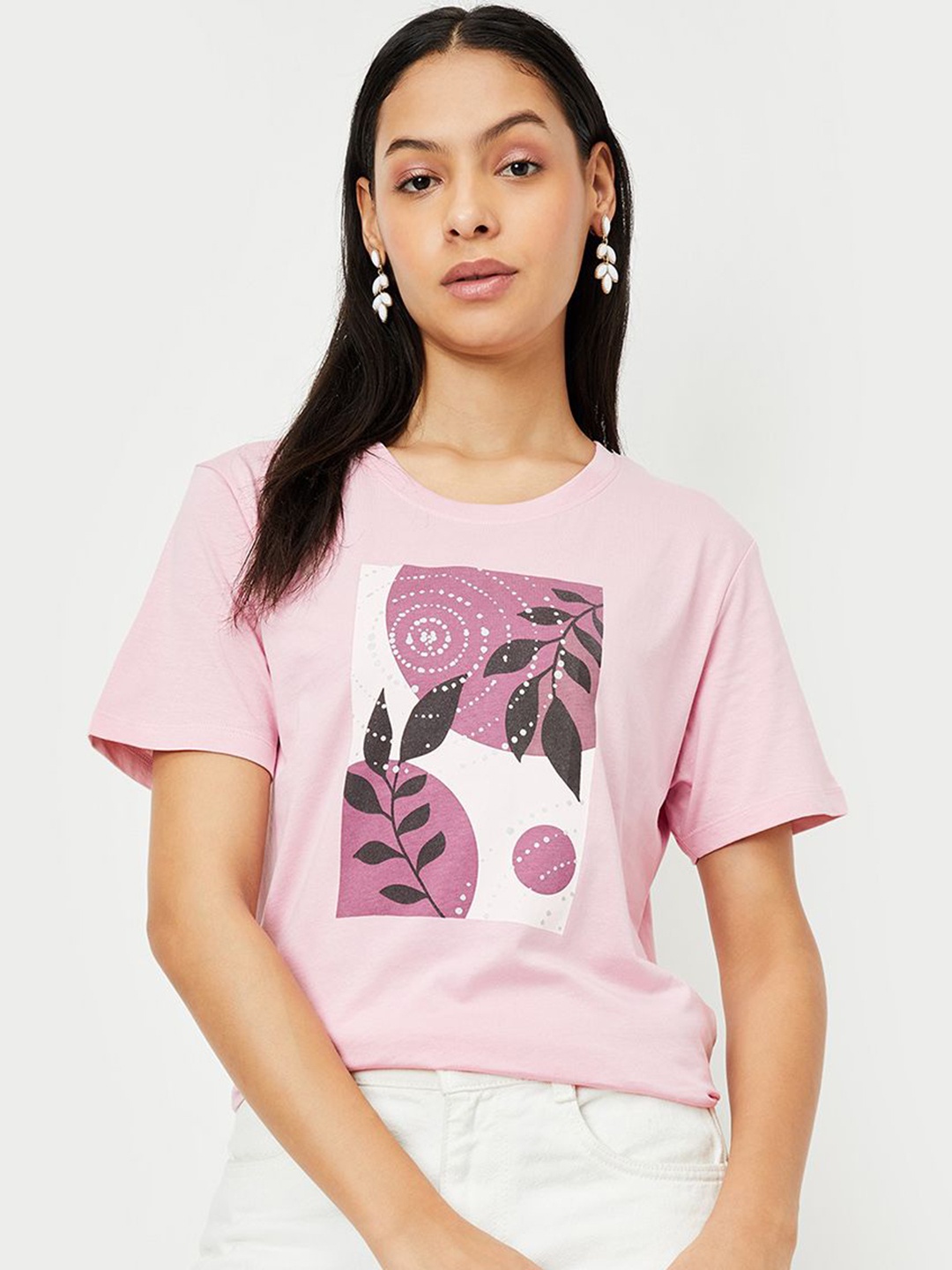 

max Women Graphic Printed Round Neck Cotton T-shirt, Pink