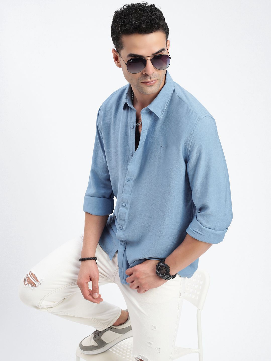 

SHOWOFF Men Standard Spread Collar Solid Cotton Casual Shirt, Blue