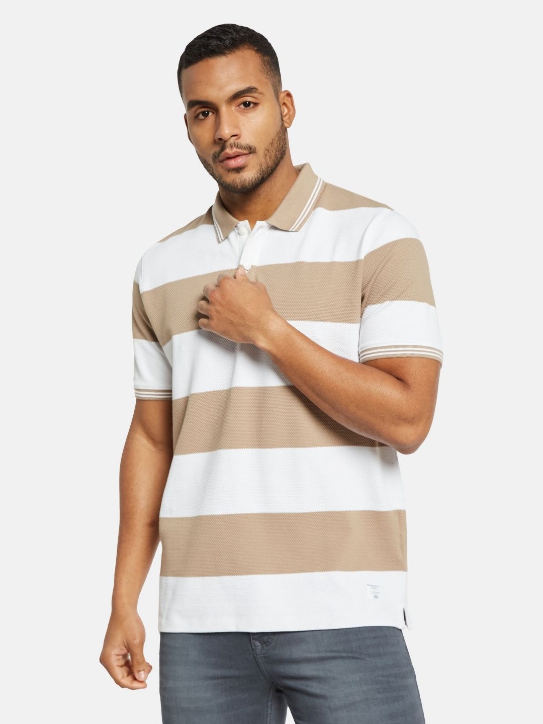 

Octave Men Colourblocked Polo Collar Cotton T-shirt, Beige