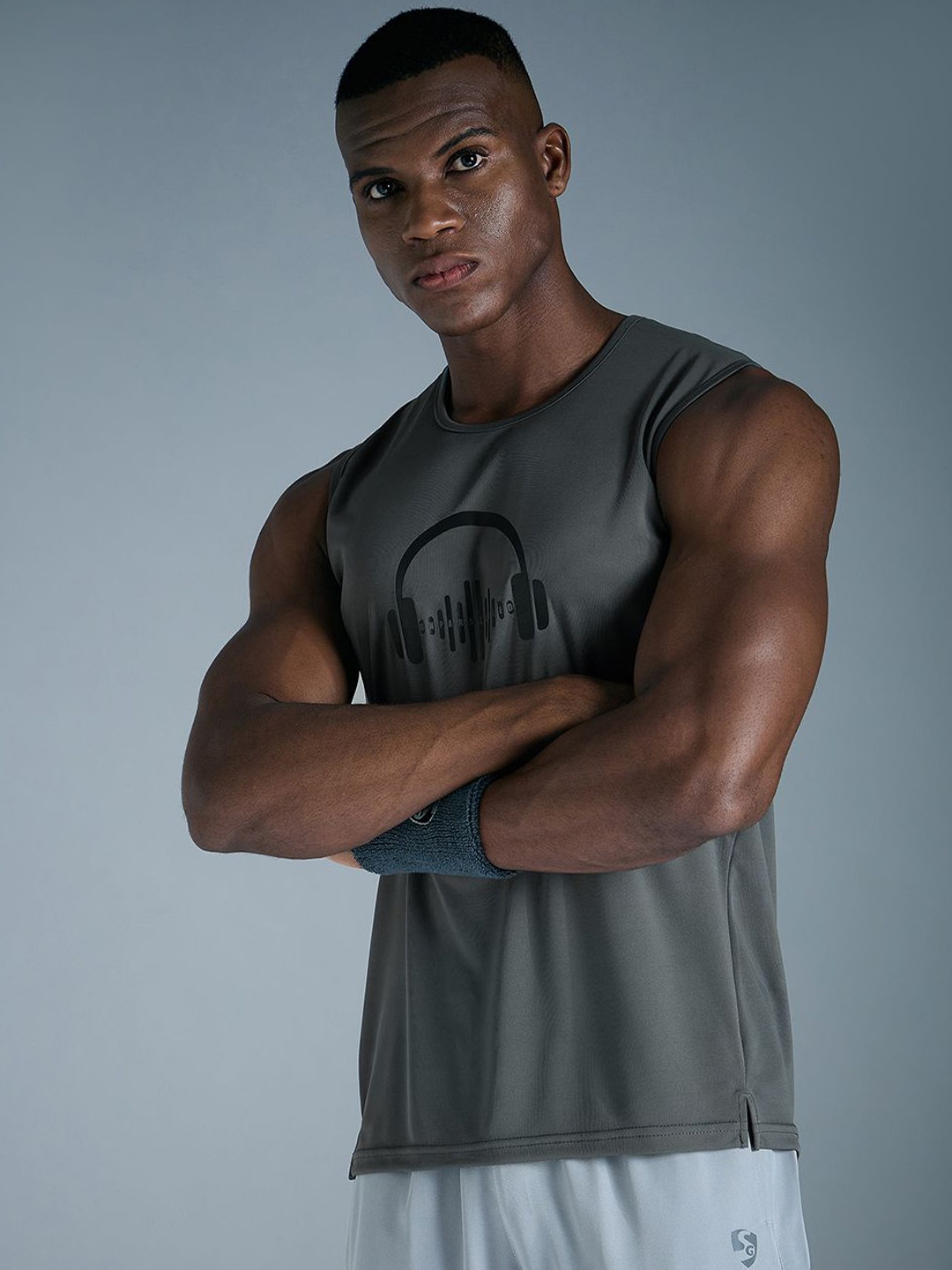 

SG Men Printed Round Neck Knitted Gym VestsH3MV70312, Grey
