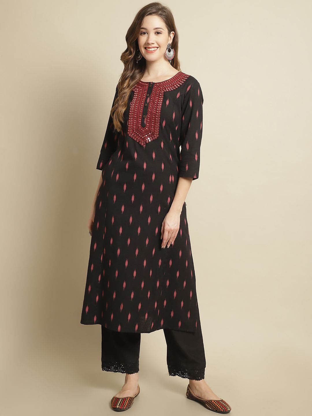 

Pistaa Geometric Printed Mirror Work Cotton A-Line Kurta, Black