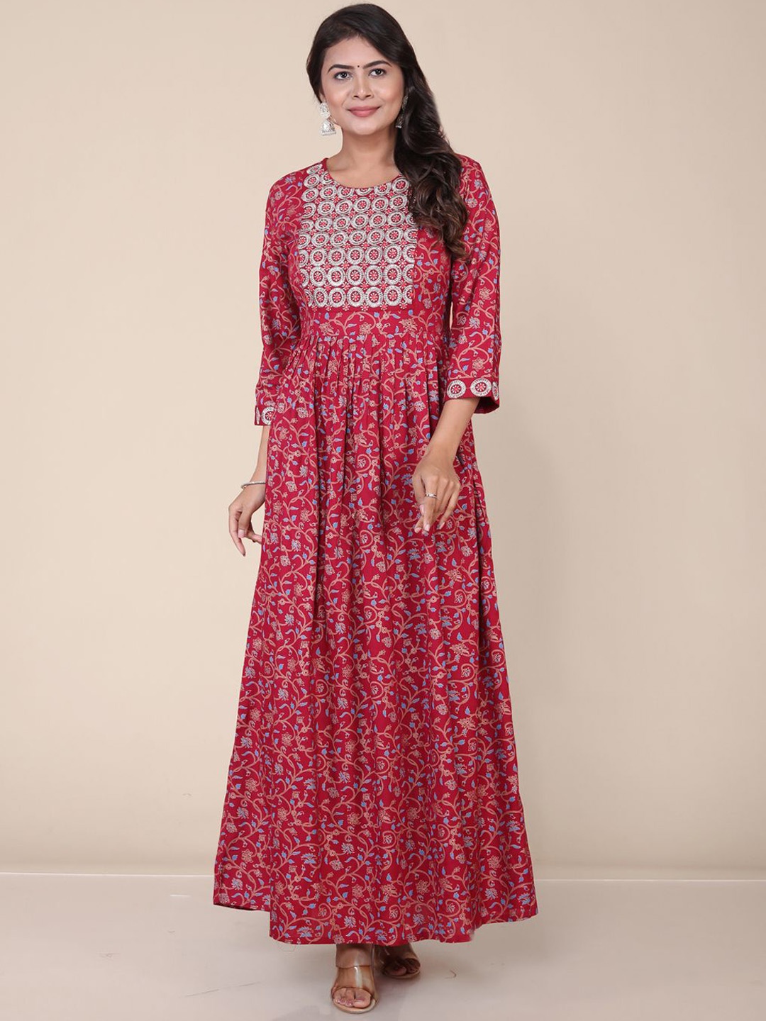 

HERE&NOW Women Floral Printed Maxi Ethnic Dresses, Maroon