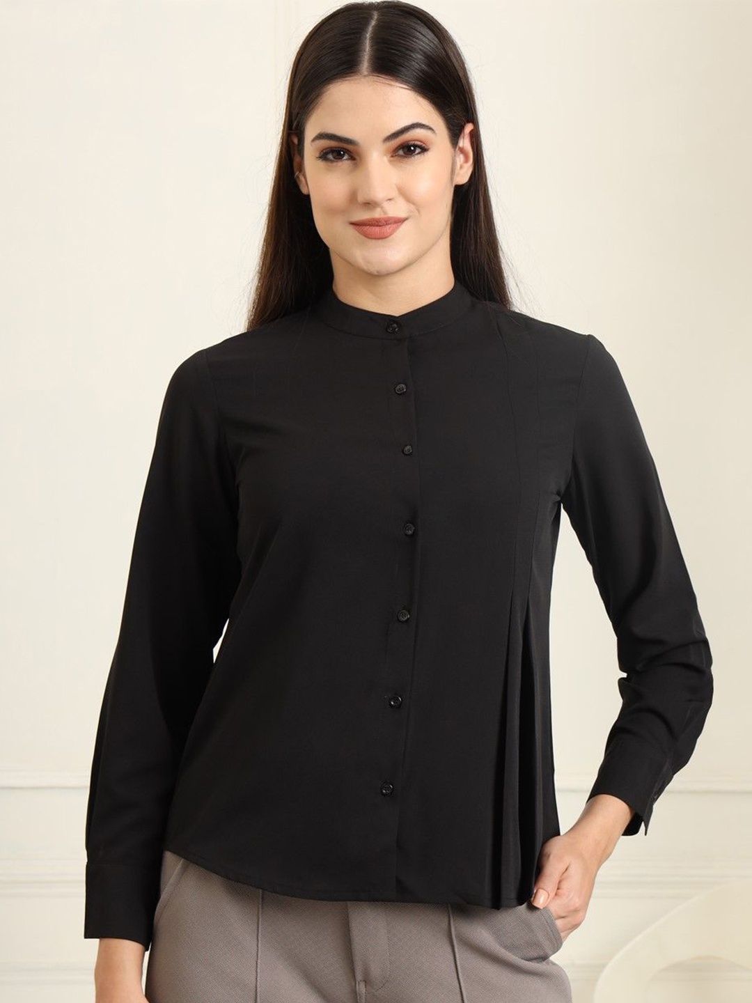 

FITHUB Women Band Collar Solid Casual Shirt, Black