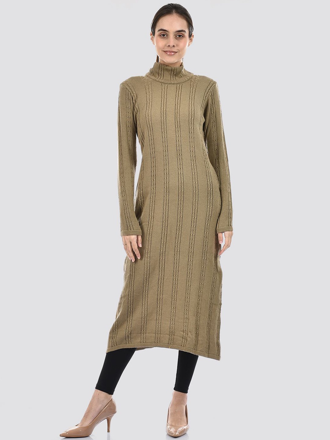 

American Eye Striped High Neck Thread Work Straight Kurta, Beige