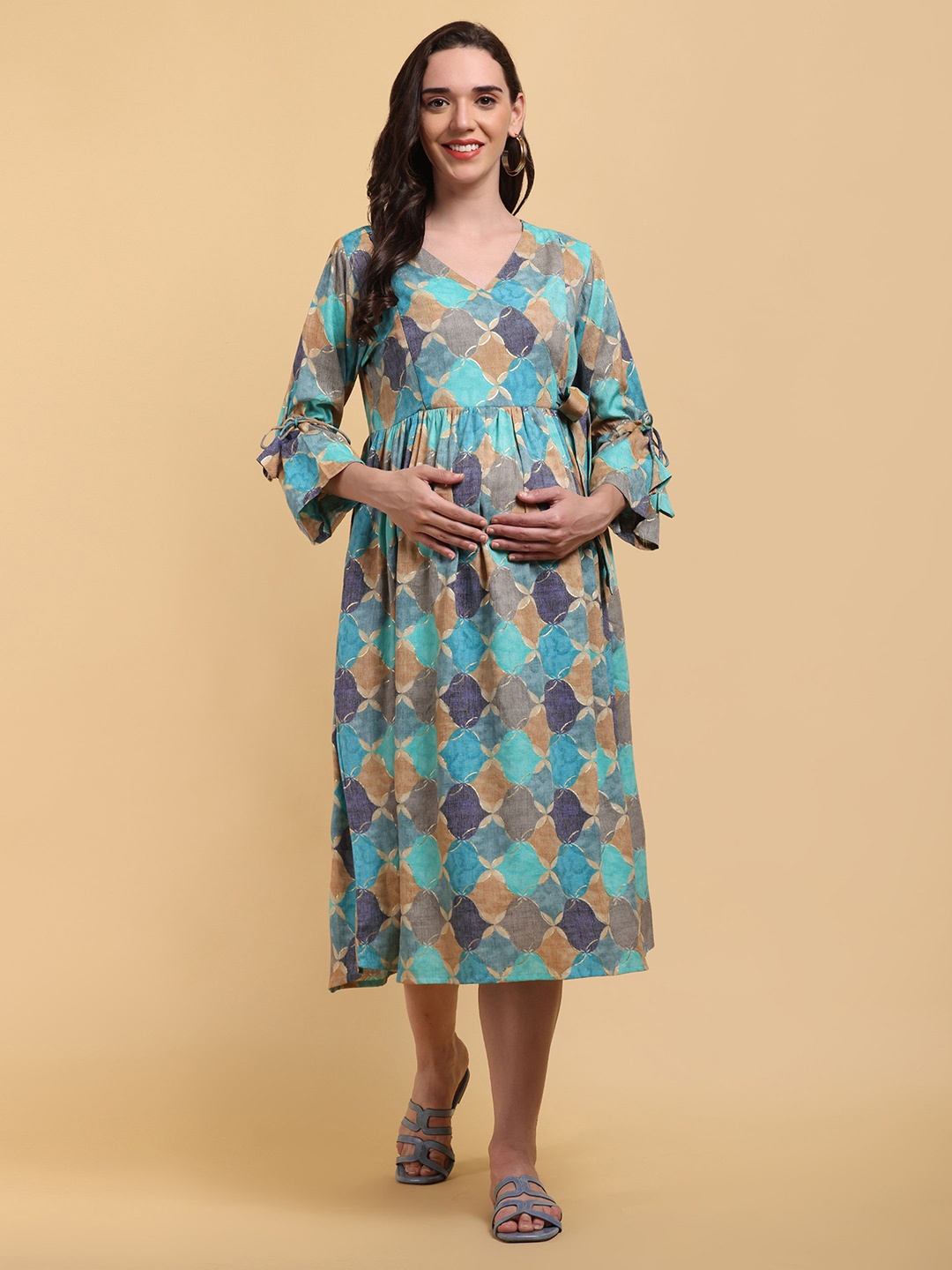 

CHARISMOMIC Women Printed Maternity Fit & Flare Midi Dress, Sea green