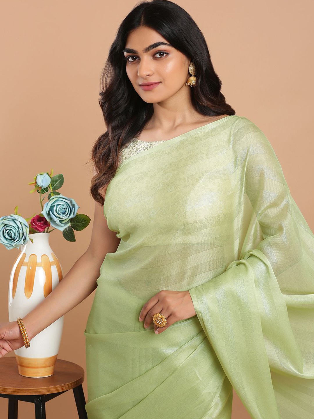 

Kalyan Silks Striped Poly Chiffon Venkatgiri Saree, Green