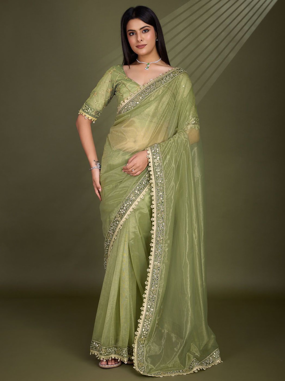

Meena Bazaar Women Green Mirror Work Art Silk Saree With Blouse Piece