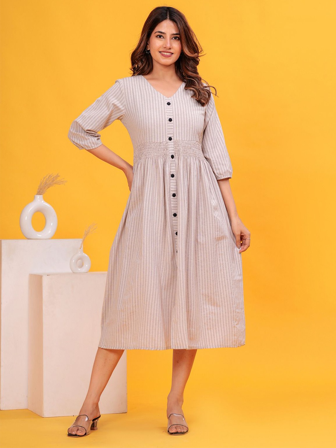 

SARAI CREATIONS Striped Cotton Fit & Flare Dress, Beige