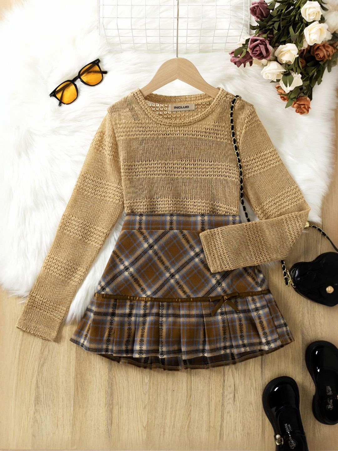 

INCLUD Girls Checked Top with Skirt and Camisole Clothing Set, Khaki