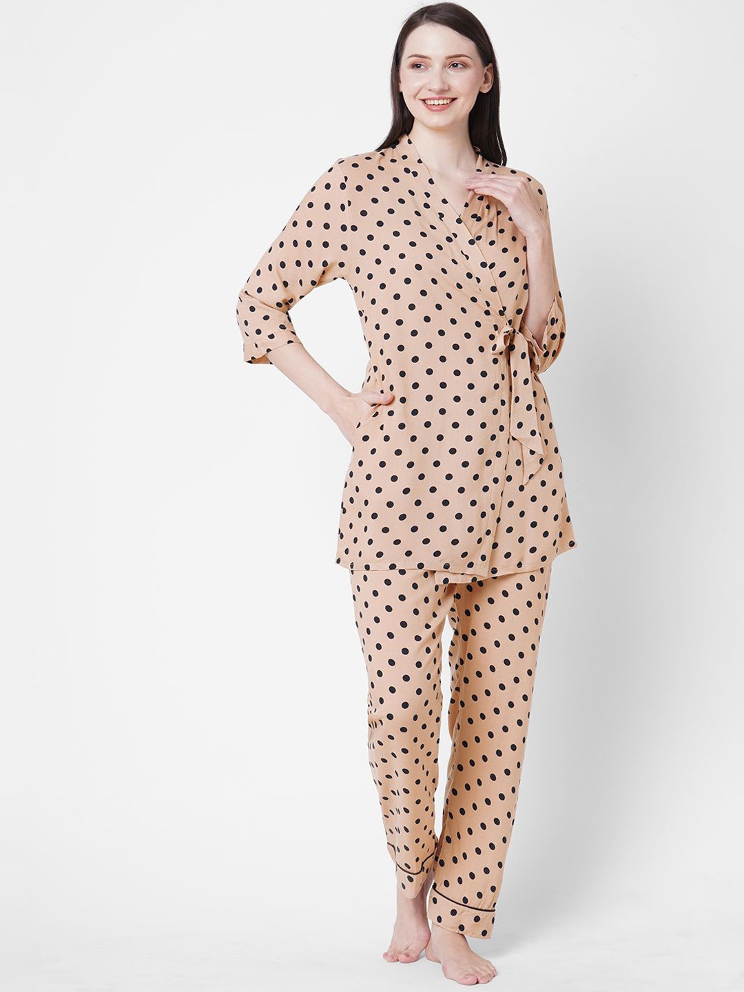 

Sweet Dreams Women 3 Piece Set Polka Dot Printed Night suit, Beige