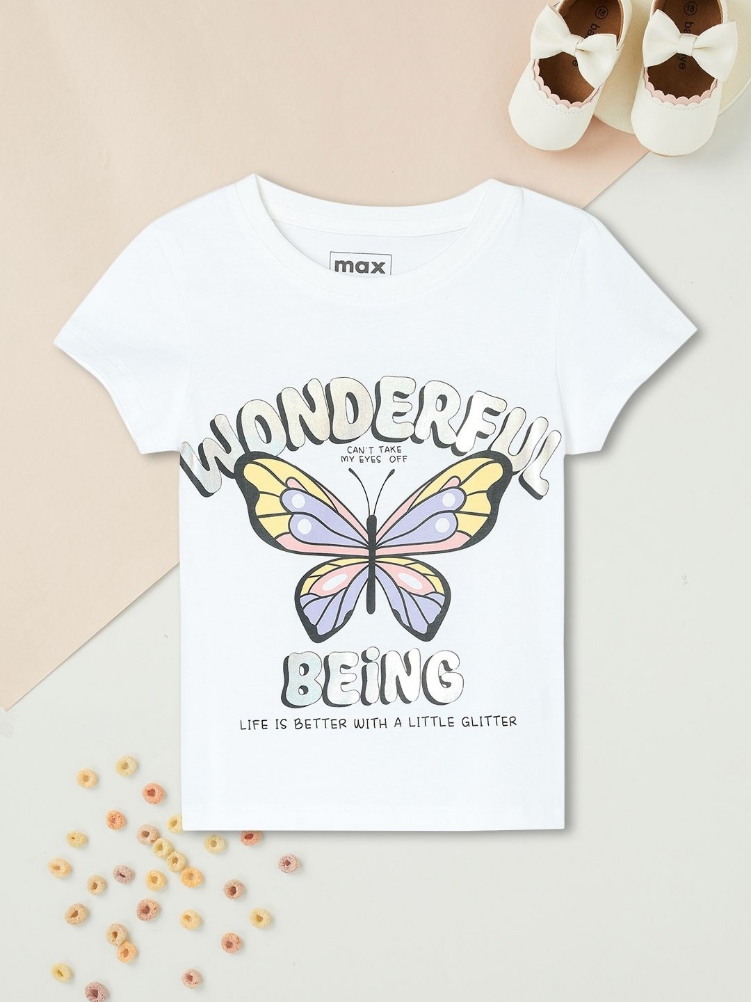 

max Girls Graphic Printed Round Neck Cotton T-shirt, White
