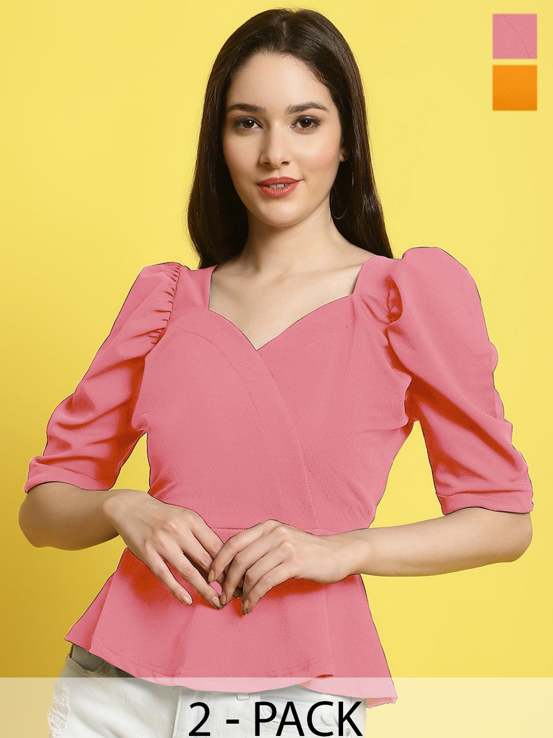 

Metronaut Women Pack Of 2 Sweetheart Neck Top, Pink