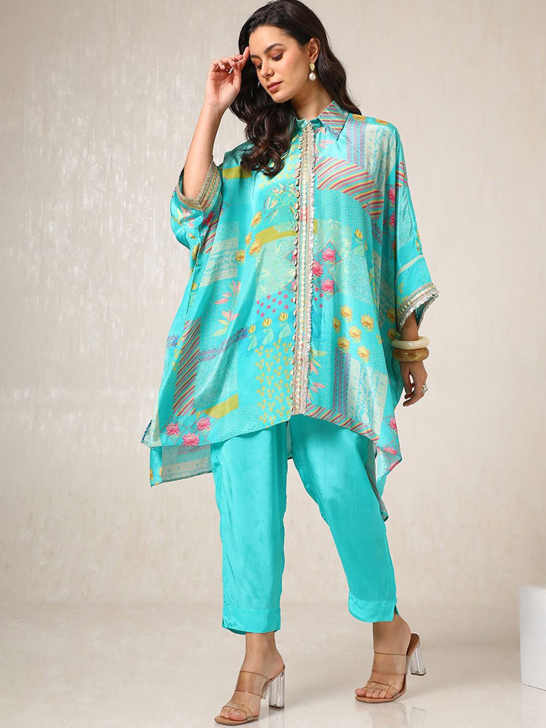 

Soch Floral Printed Kaftan Tunic with Trousers, Turquoise blue