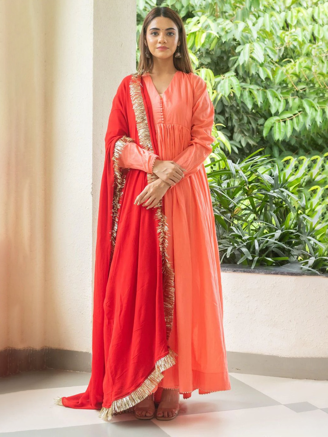 

SUKITI V-Neck Angrakha Pure Cotton Anarkali Kurta with Trousers & Dupatta, Peach