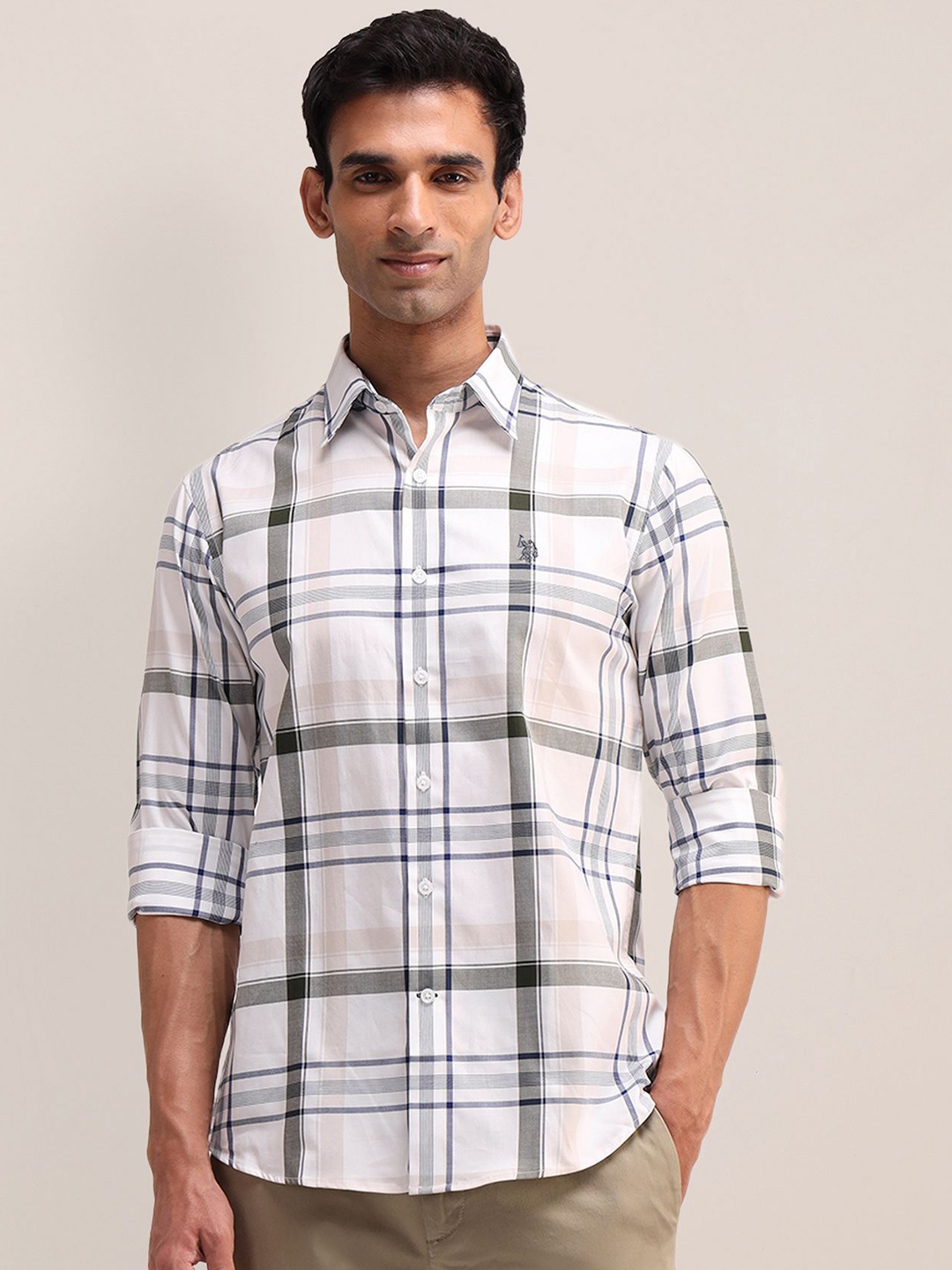 

U.S. Polo Assn. Men Classic Spread Collar Checks Printed Cotton Casual Shirt, White