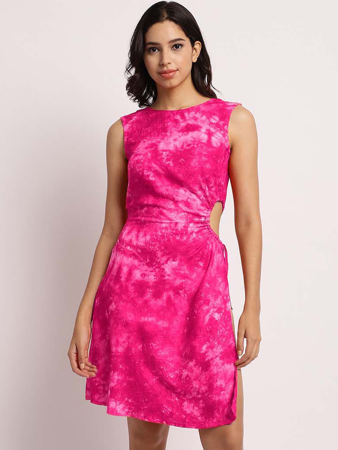 

EROTISSCH Women Tie and Dye Printed Fit & Flare Dress, Pink