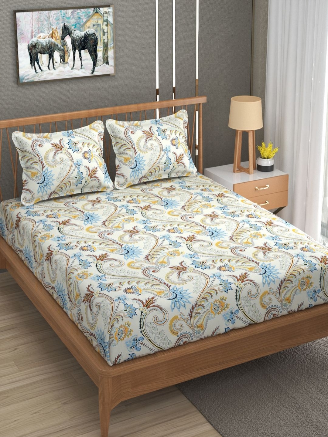 

AVI Cream-Coloured & Blue Floral 180 TC Single Bedsheet with 2 Pillow Covers