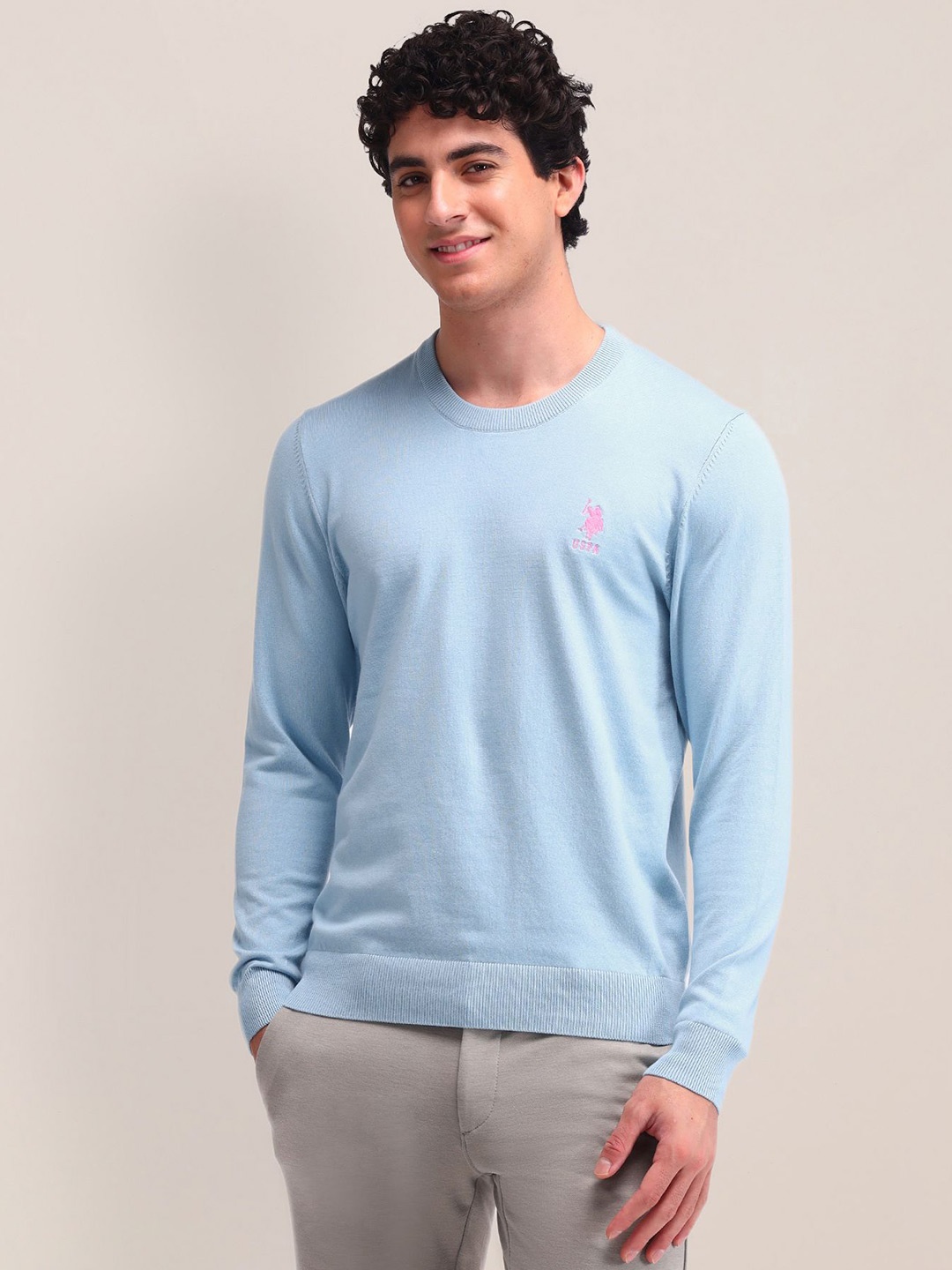 

U.S. Polo Assn. Men Blue Cotton Round Neck Full Sleeves Pullover Sweaters