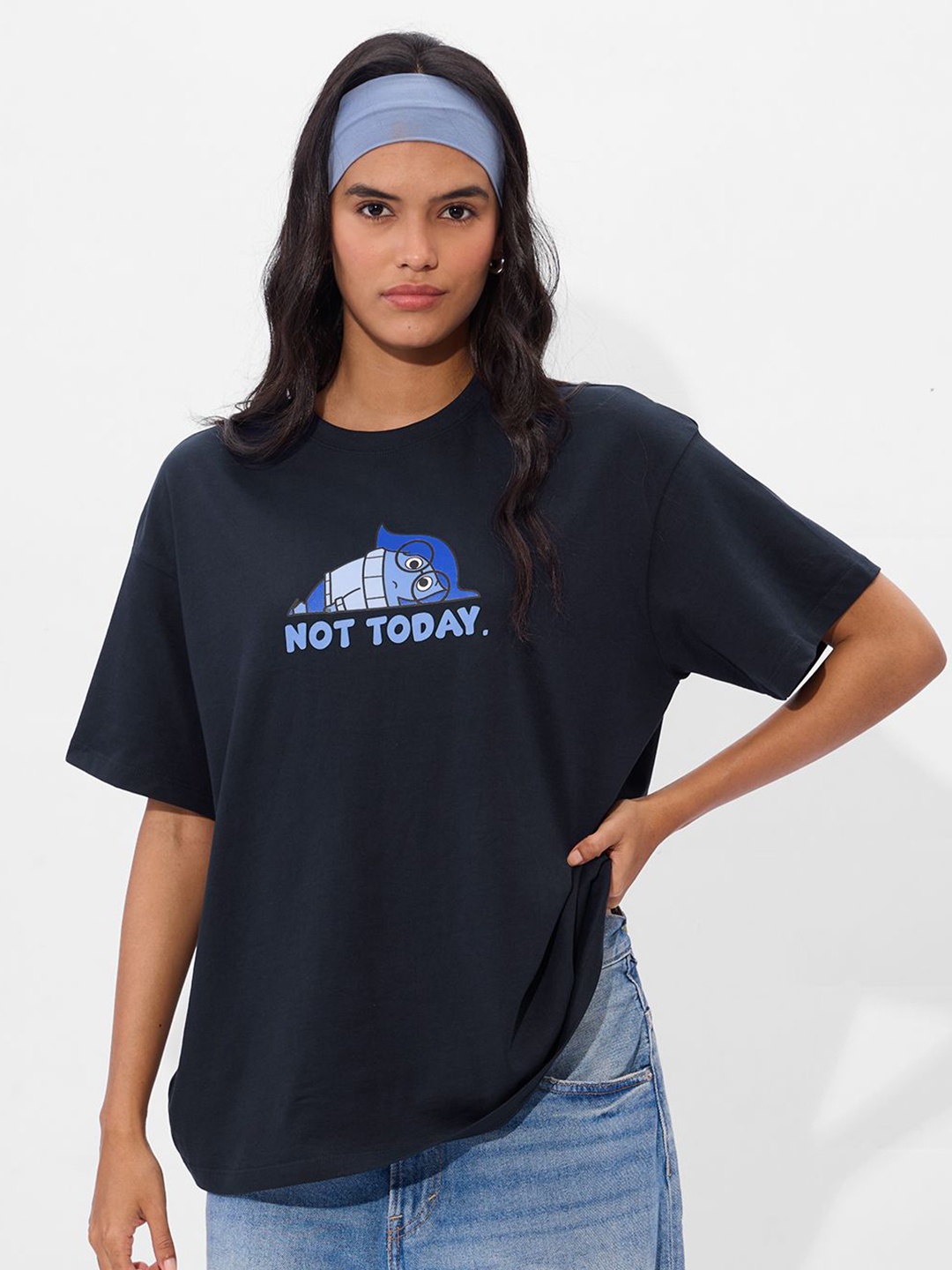 

The Souled Store Women Disney Typography Printed Round Neck Cotton Oversized T-shirt, Navy blue