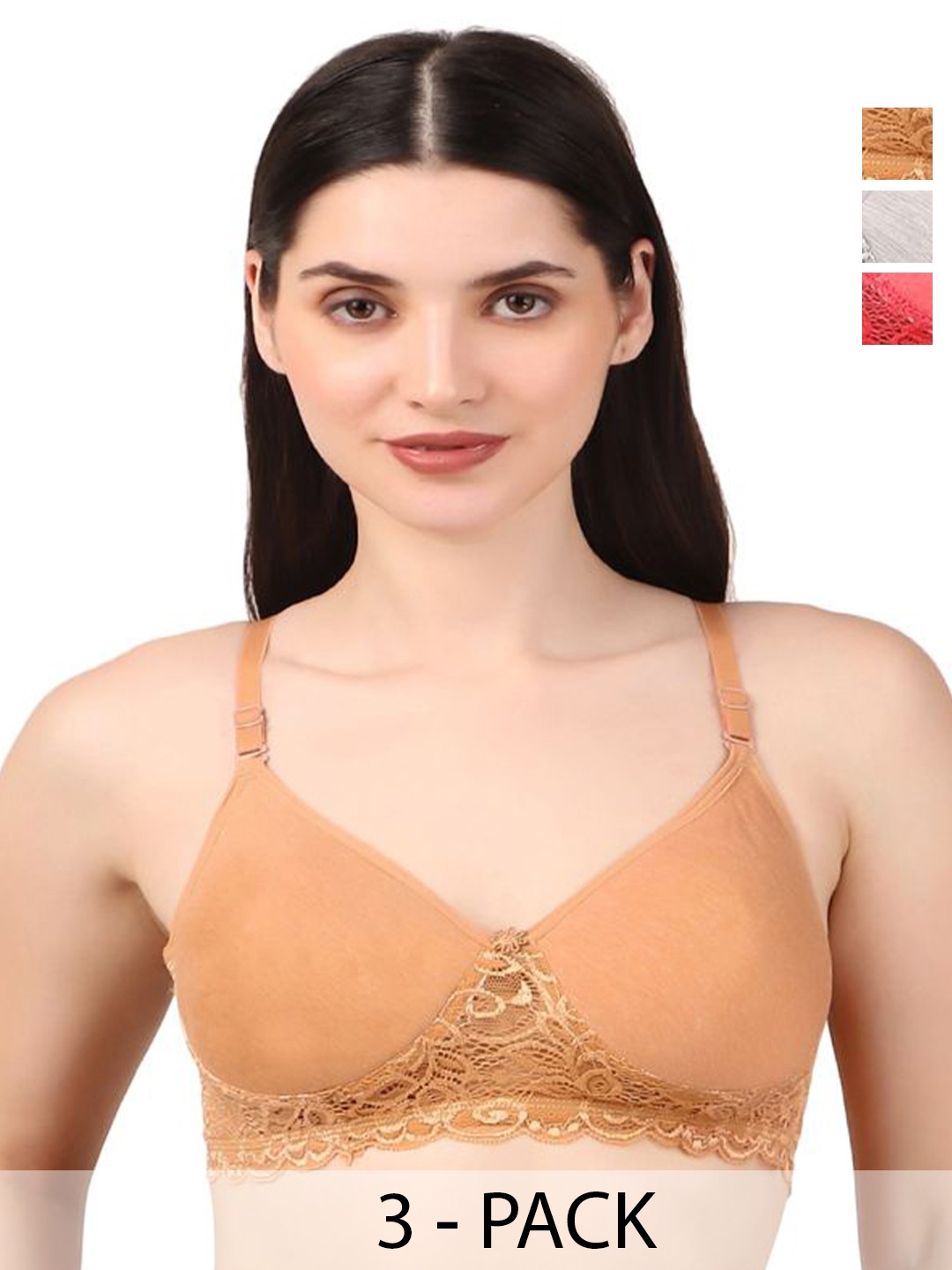 

Piylu Women Pack of 3 Solid Full Coverage Lightly Padded Bra, Pink