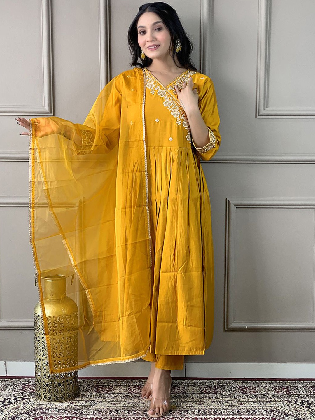 

KALINI Floral Embroidered Pleated Thread Work Kurta with Trouser & Dupatta, Yellow