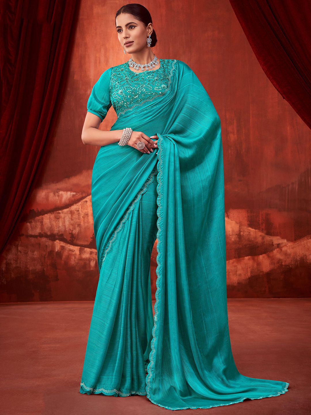 

SANSKAR Beads and Stones Saree, Turquoise blue