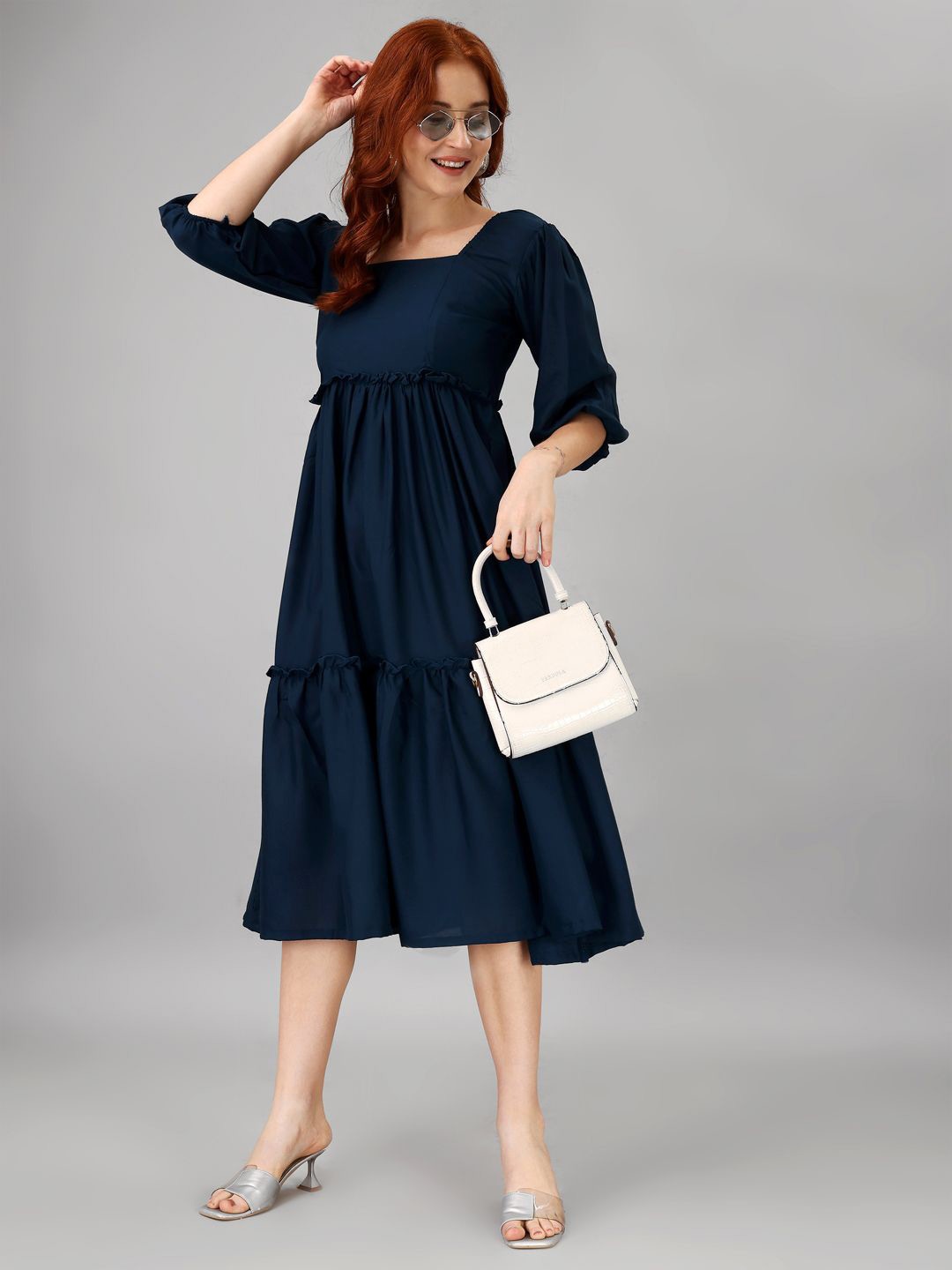 

Raiyani Enterprise Women Square Neck Puff Sleeves Fit & Flare Midi Dress, Blue