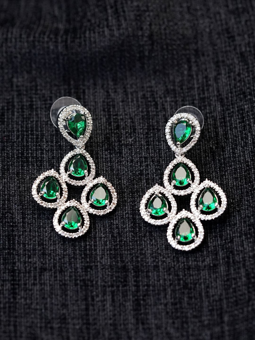

Zoey Rhodium-Plated American Diamond Studded Contemporary Drop Earrings, Green