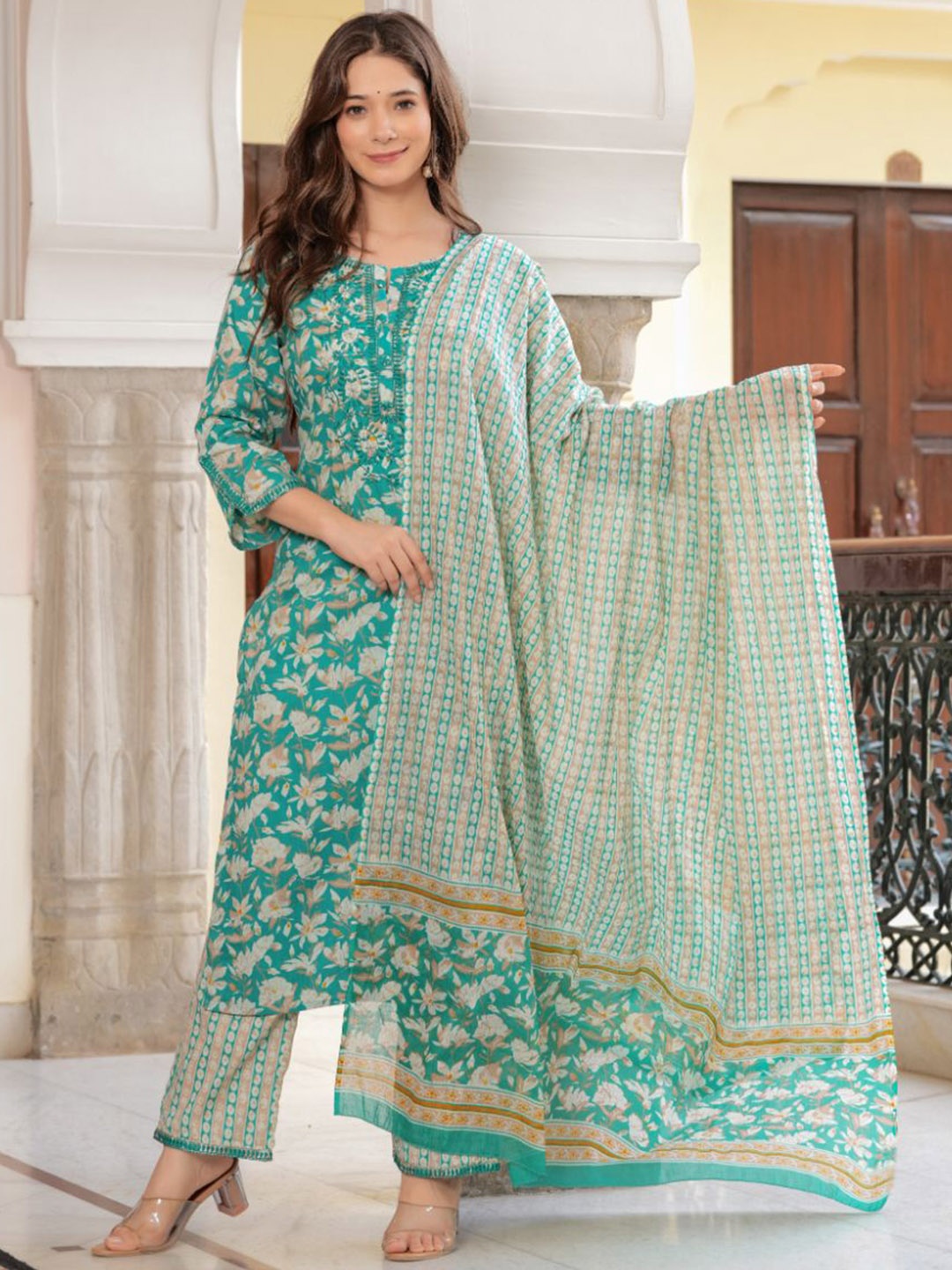 

KALINI Floral Printed Thread Work Pure Cotton Straight Kurta with Trousers & Dupatta, Green