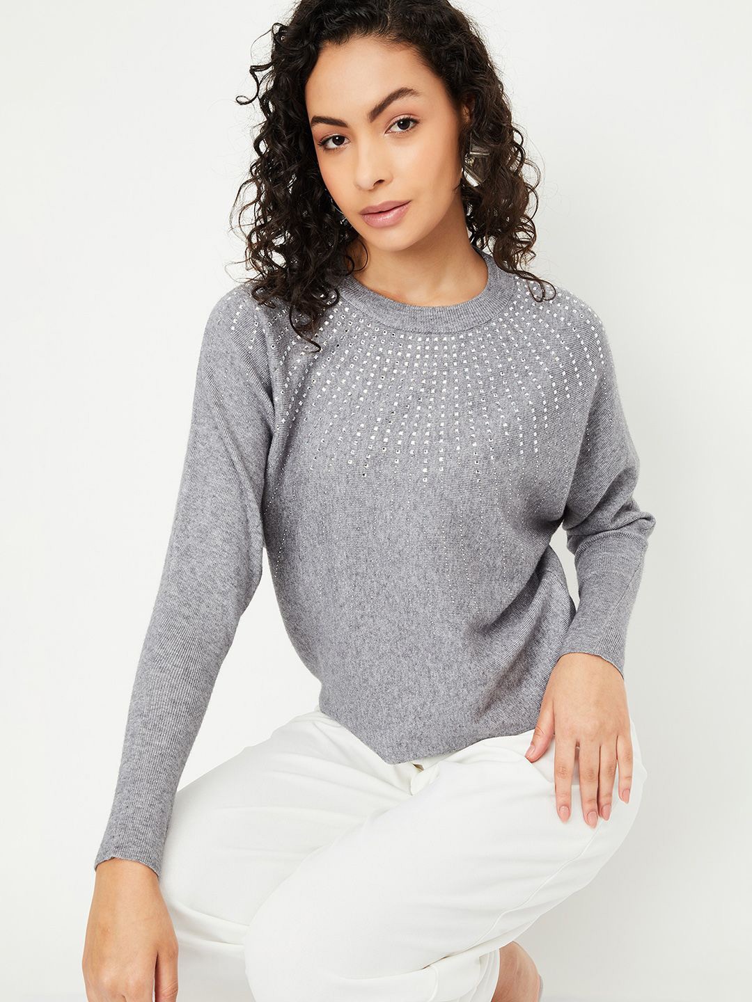 

max Women Self Design Pullover Sweater, Grey