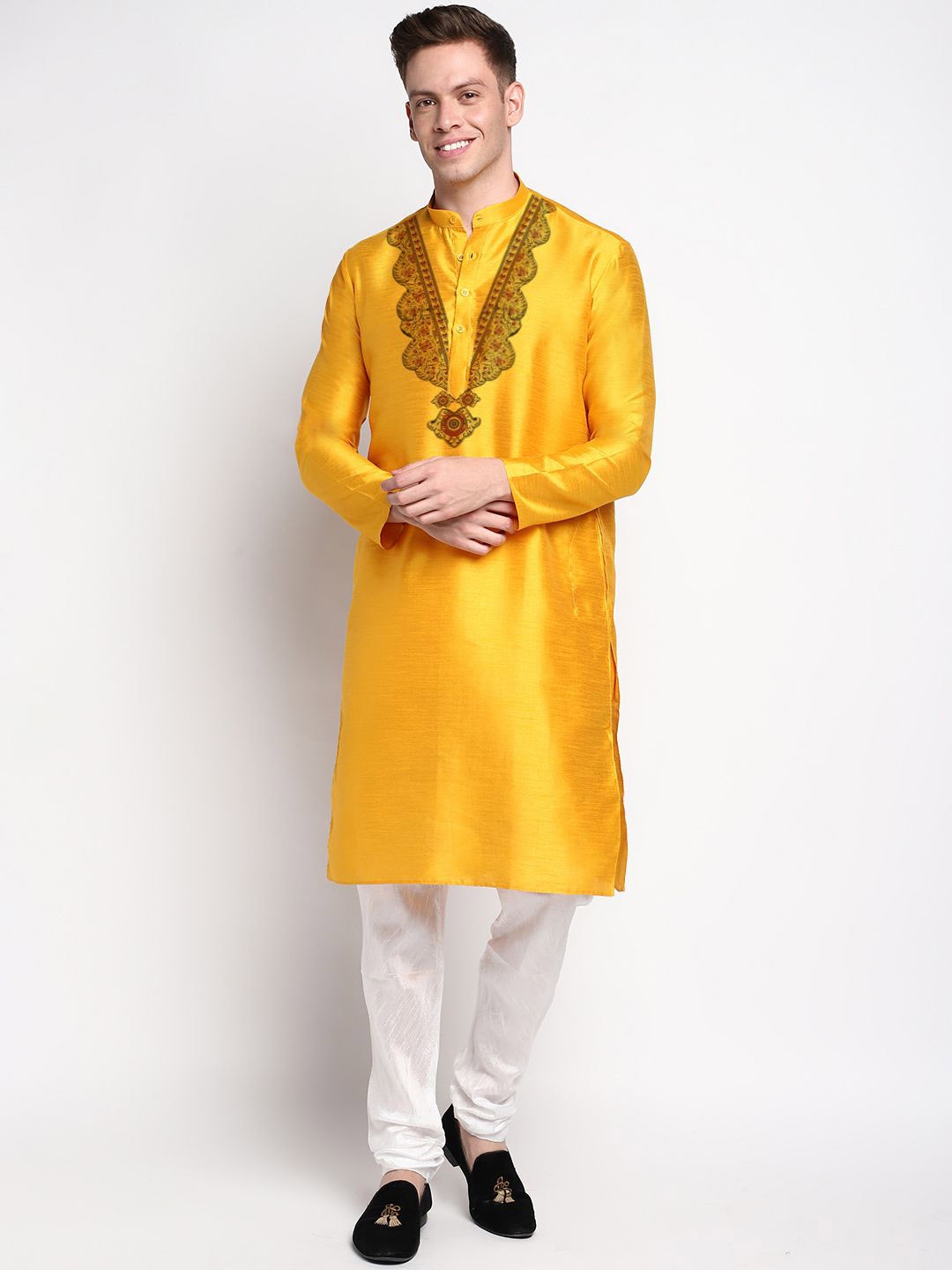 

DEVOILER Floral Printed Mandarin Collar Long Sleeves Straight Kurta, Yellow