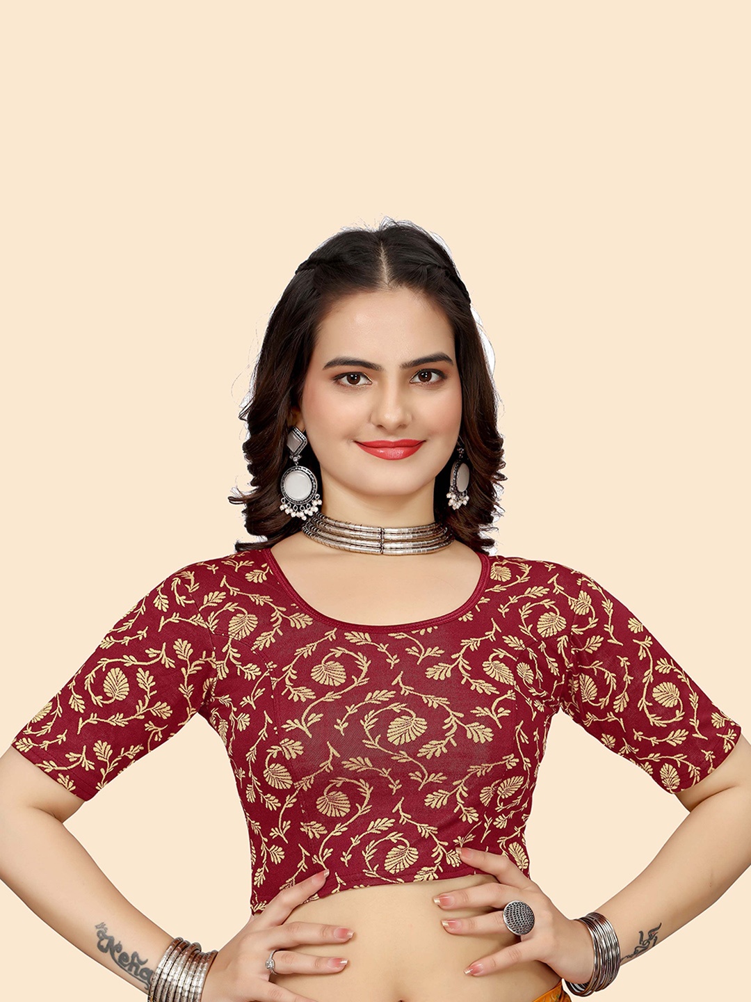 

SHREEJI DESIGNER Woven Design Ready Made Saree Blouse, Maroon