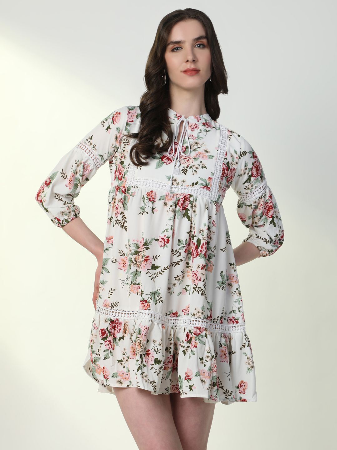 

SHOWOFF Women Floral Printed A-Line Mini Dress, Off white