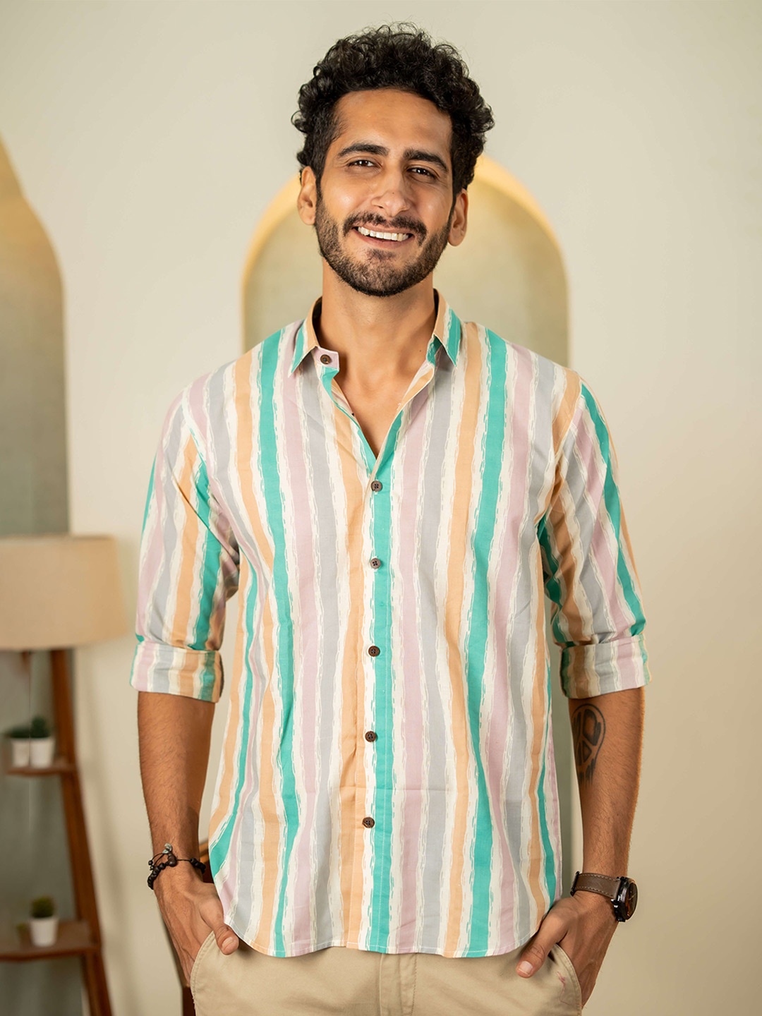 

Shasak Men Classic Spread Collar Multi Striped Cotton Casual Shirt, Peach