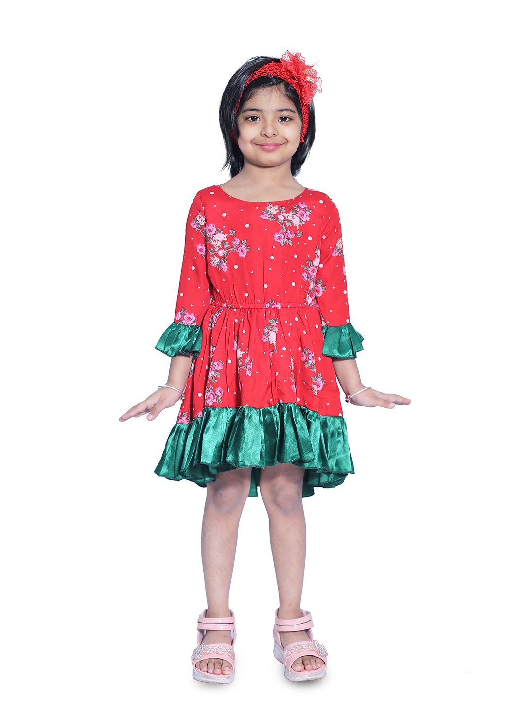 

Wish little Girls Floral Printed Bell Sleeve A-Line Dress, Red