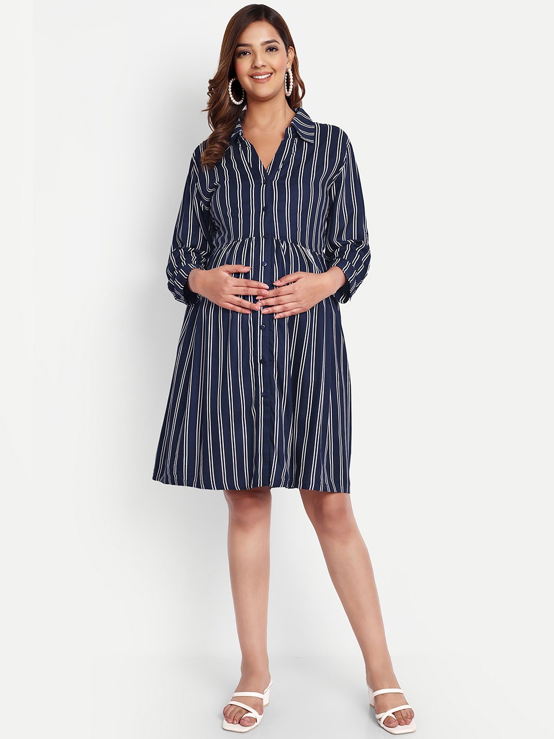 

Aaruvi Ruchi Verma Women Striped Maternity Shirt Dress, Navy blue