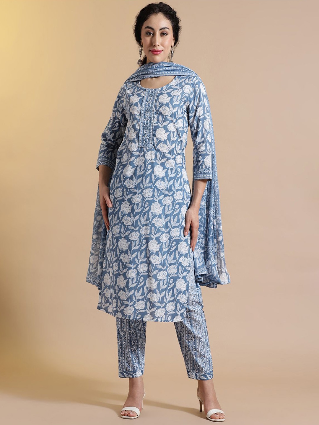 

Anouk Floral Printed Thread Work Pure Cotton Kurta with Trouser & Dupatta, Blue