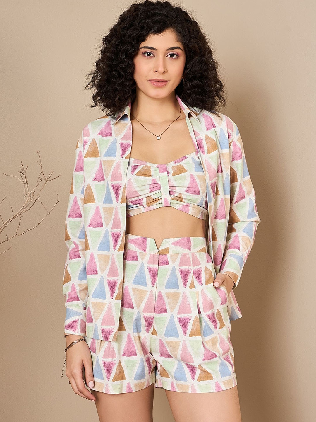 

Kibo Printed Shirt & Crop Top With Short, Pink