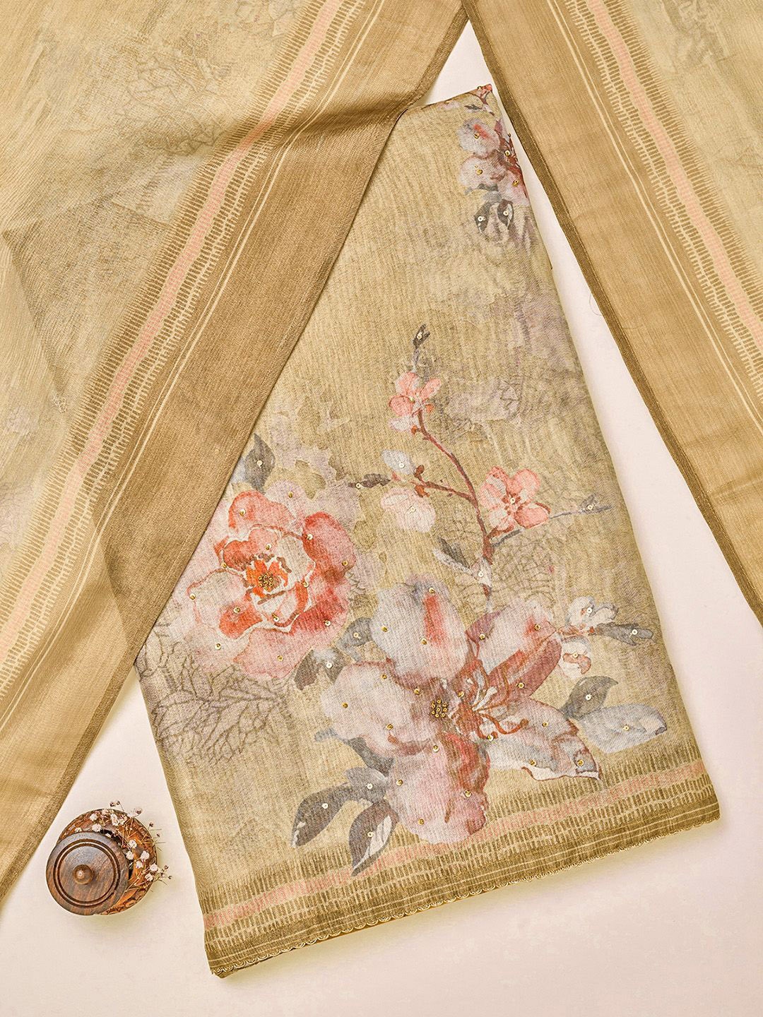 

Soch Floral Printed Sequinned Unstitched Dress Material, Beige