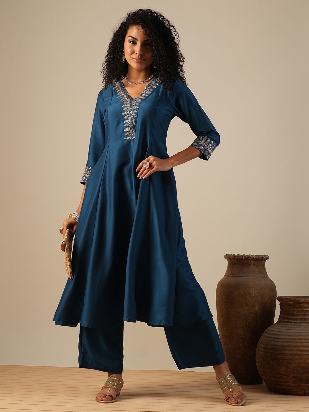 

Globus Zari Embroidered V-Neck Panelled Anarkali Kurta With Wide Leg Pants Festive Set, Teal