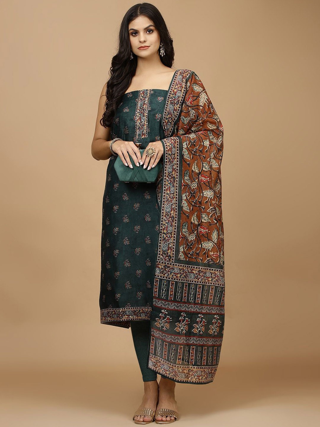 

Meena Bazaar Floral Printed Mirror Work Unstitched Dress Material, Green
