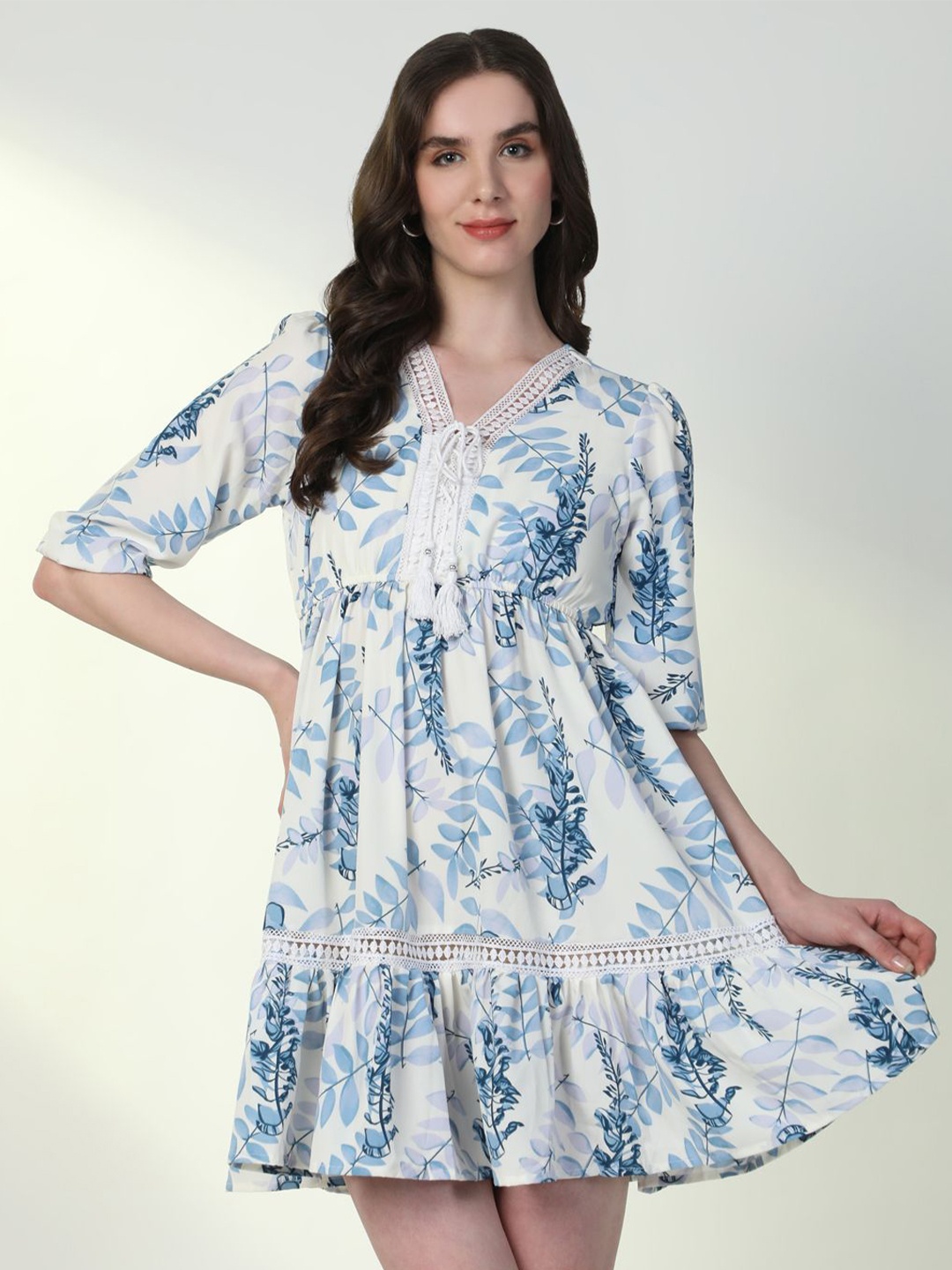 

SHOWOFF Women' Floral Printed Gathered or Pleated Tiered A-Line Mini Dress, Blue
