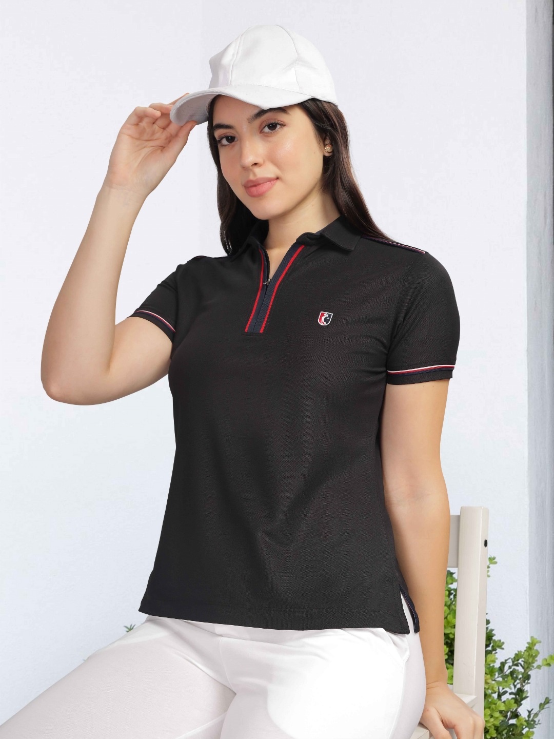 

STELLERS Women Solid Polo Collar T-shirt, Black