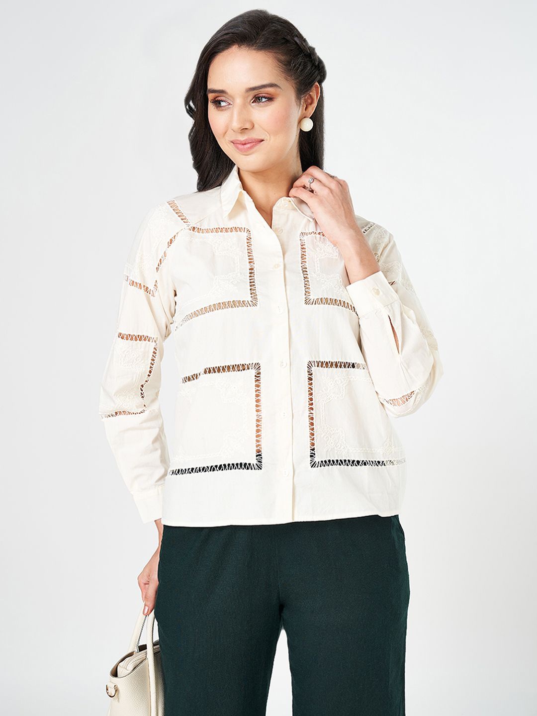 

Honey by Pantaloons Women Geometric Cotton Shirt Style Top, Off white