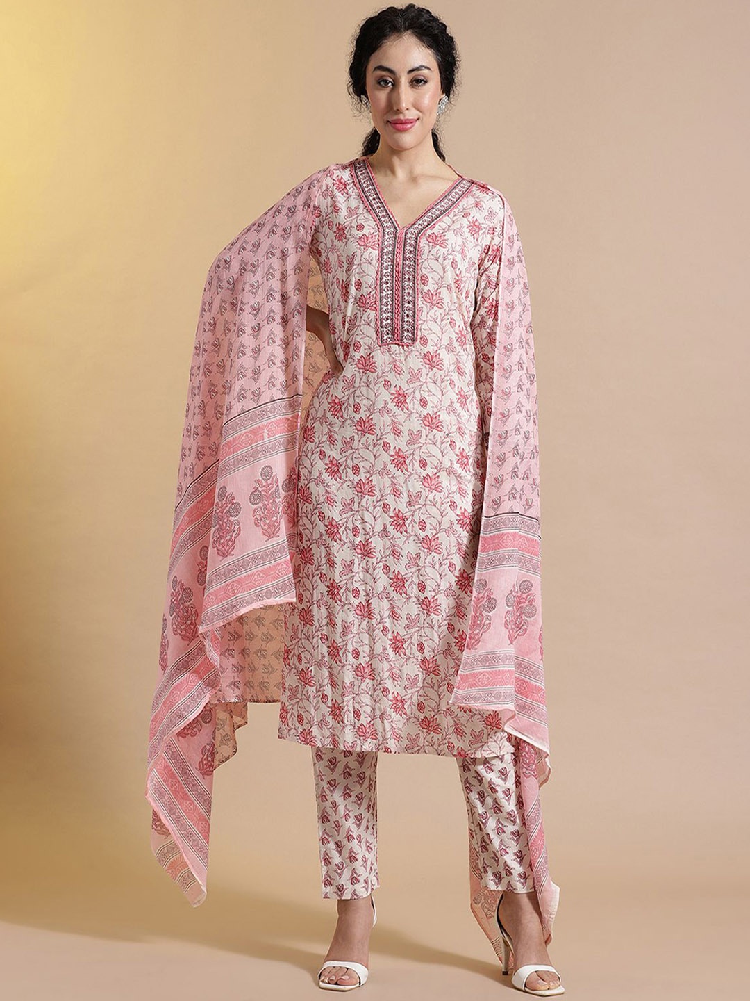 

Anouk Floral Gotta Patti Pure Cotton Straight Kurta with Trousers & Dupatta, Pink