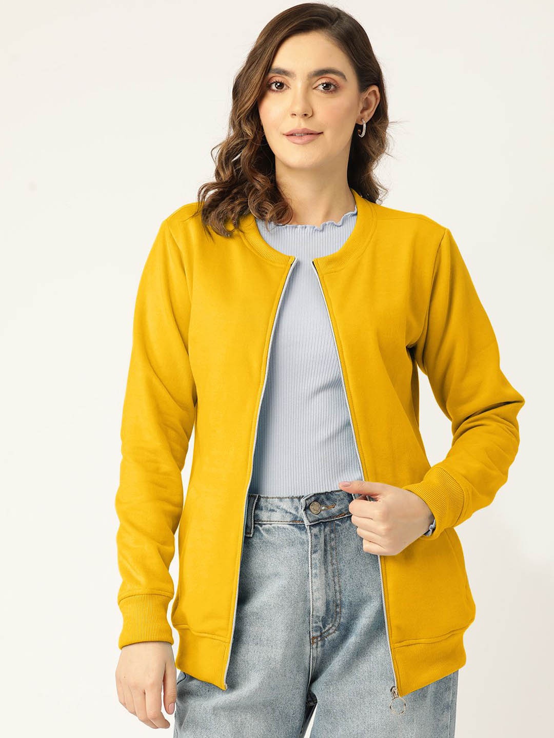 

BRINNS Women Collarless Solid Fleece Casual Bomber Jacket, Mustard