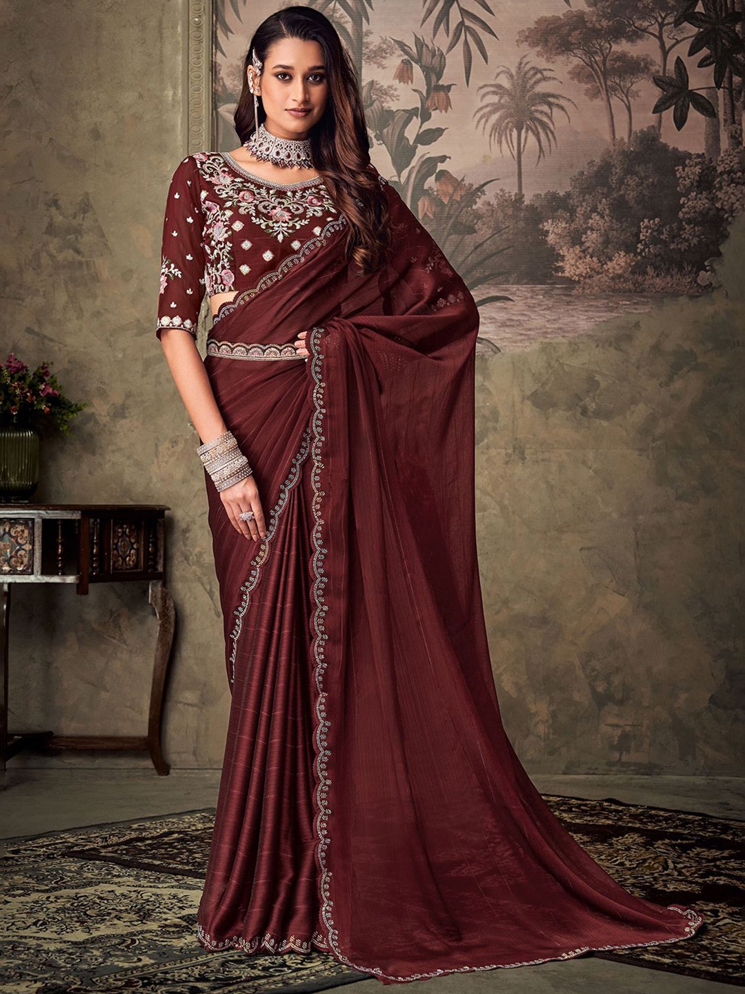 

SANSKAR Women Embroidered Saree With Blouse Piece, Maroon