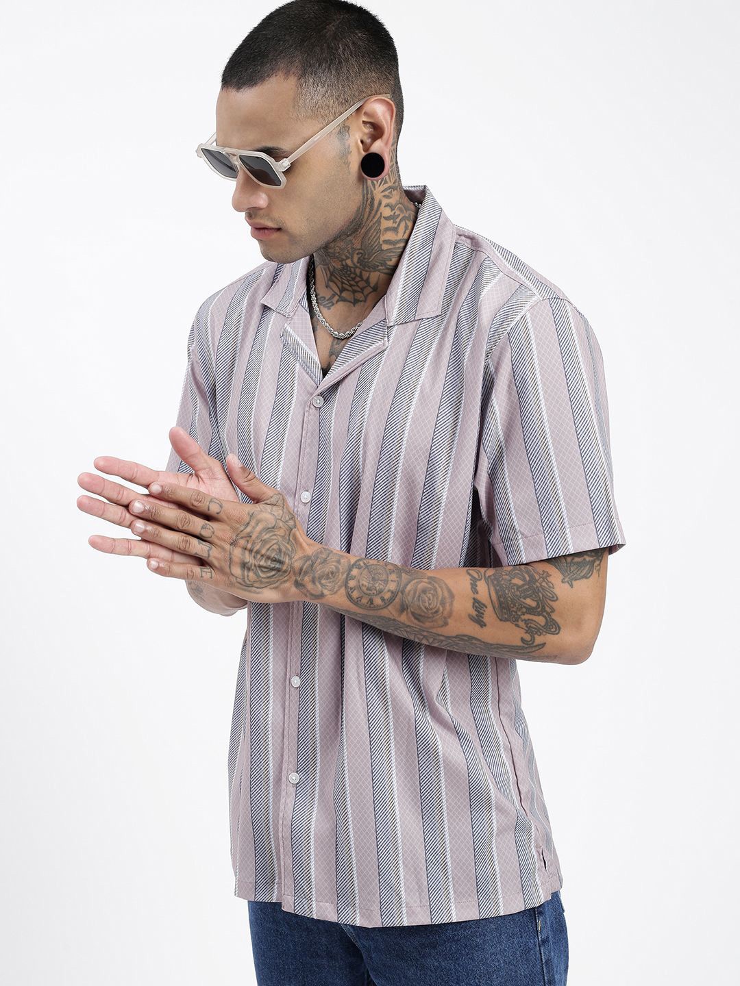 

SHOWOFF Men Comfort Cuban Collar Vertical Striped Cotton Casual Shirt, Grey
