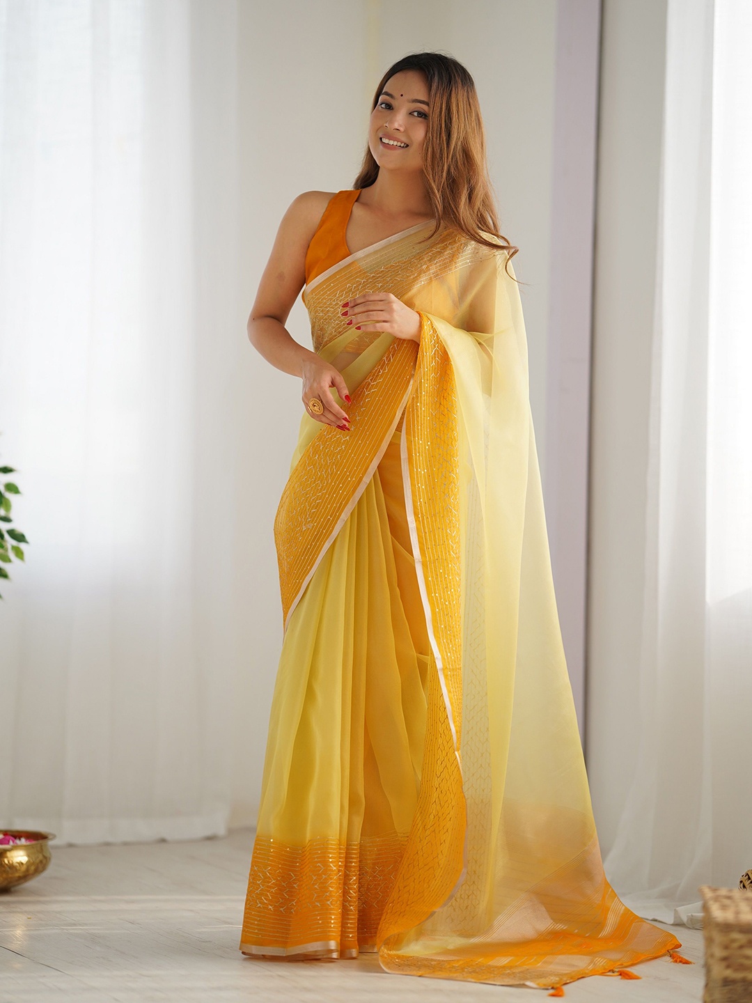 

KALINI Embellished Sequinned Organza Saree With Blouse Piece, Yellow